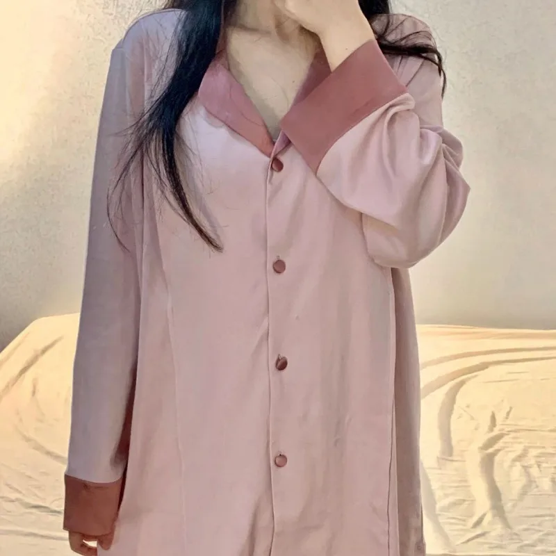 French Contrasting Lapel Long Sleeved Pajamas Women's Spring Autumn V-neck Sleepwear 2024 New Casual Pants Loose Homewear Set