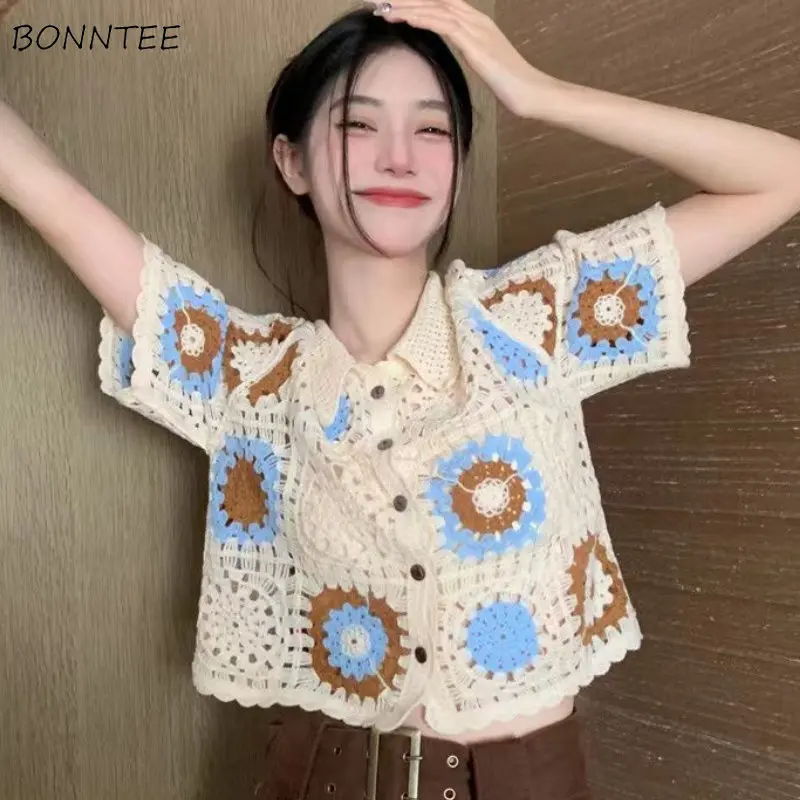 Hollow Out Shirts Women Print Knitted Summer Vintage Beach Style Holiday Streetwear Aesthetic Casual All-match Daily Ulzzang Ins