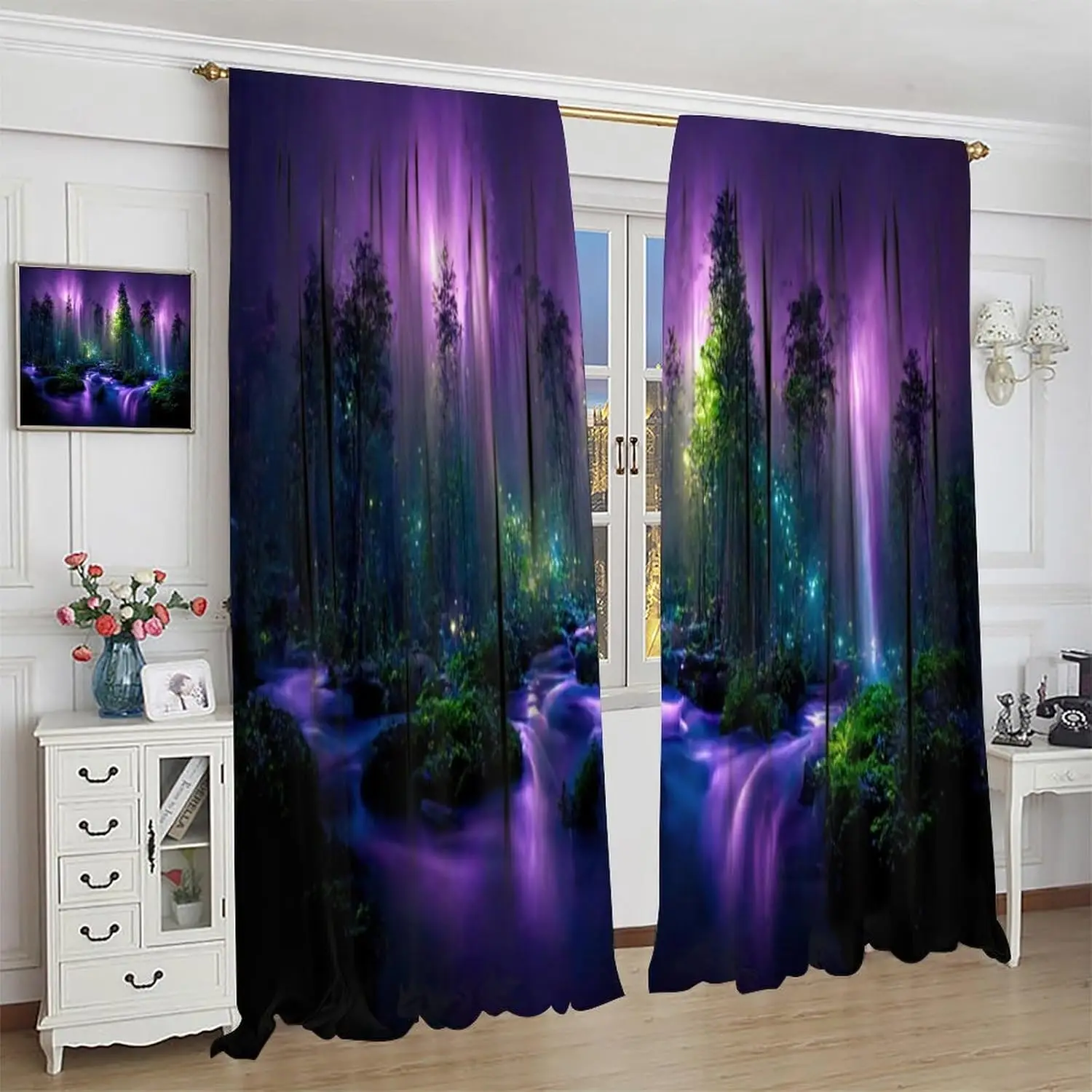 Forest Curtains Enchanted Forests Fantasy Forest Purple Waterfall Pattern Blackout Print Rod Pocket Window Drapes for Bedroom