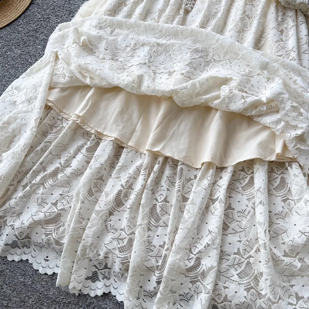 French Elegant Lace Embroidery Hollow Out Women Dress Female V-Neck Single Breasted Pearl Buttons Maxi Dress 2025 Spring Fashion