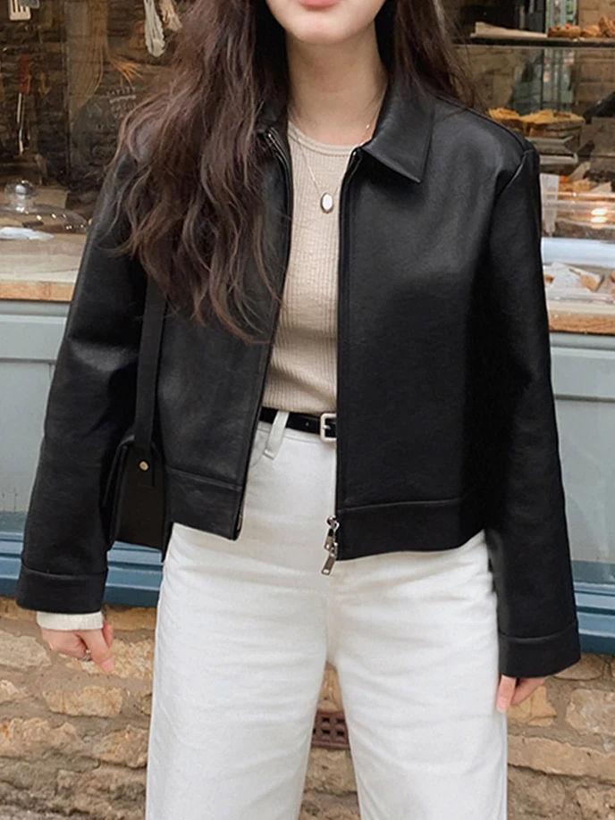 

Модная черная кожаная куртка женская с винтажным воротником, повседневная, свободного кроя, универсальная, теплая, с длинными рукавами, укороченная, на молнии