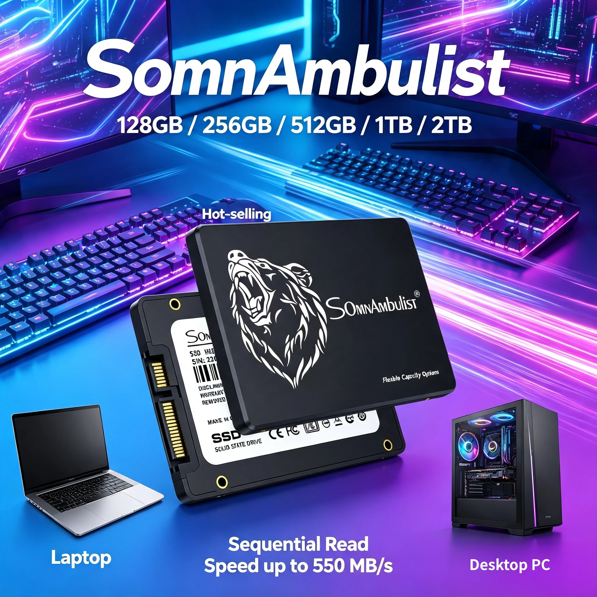 NEW  128GB 256GB  512GB  1TB 2TB SomnAmbulist SATA3 25 Inch Internal SSD Solid State Drive for Laptop Desktop PC