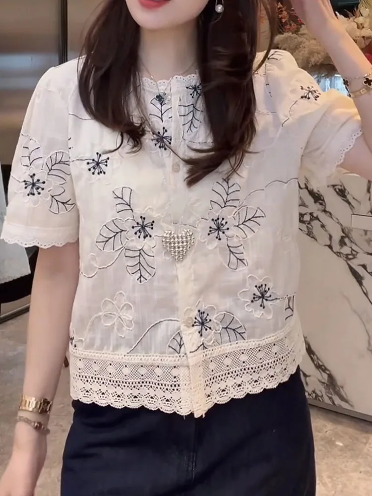 

Casual Lace Hem irt Women's Loose Slimming Summer New Sle round Ne ort Sve Korean Version Comfortable Breathable