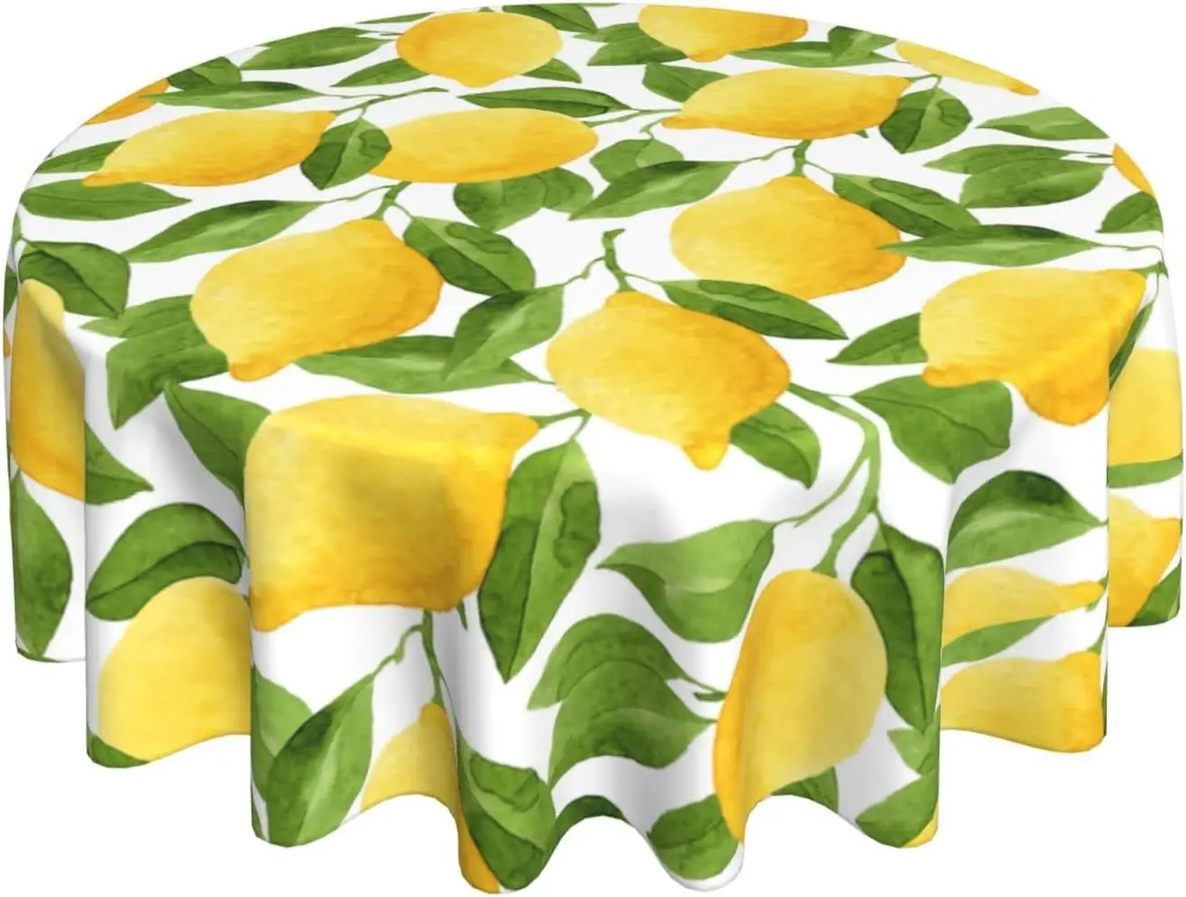 Summer Lemon Leaves Round Tablecloths,Circular Yellow Lemon Table Cover Washable Polyester for BBQ