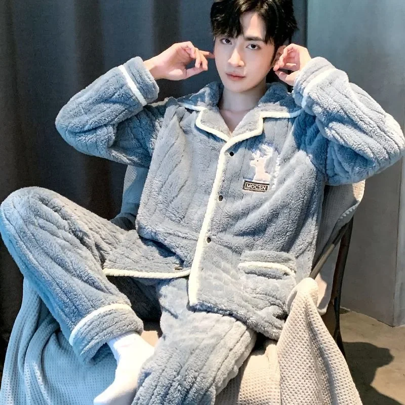 Pijamas de lana de Coral para hombre, ropa de estar por casa de franela cálida, holgada, talla grande, otoño e invierno, novedad de 2024
