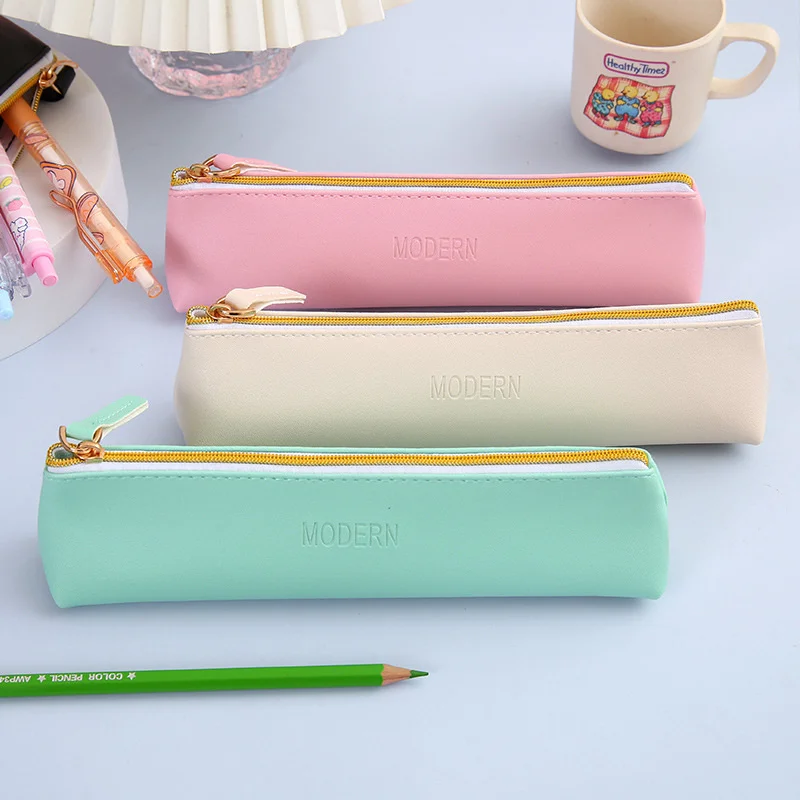 Student Pencil Bag New Leather Solid Color Pencil Storage Bag Korean Version Candy Color Pencil Case Learning Stationery