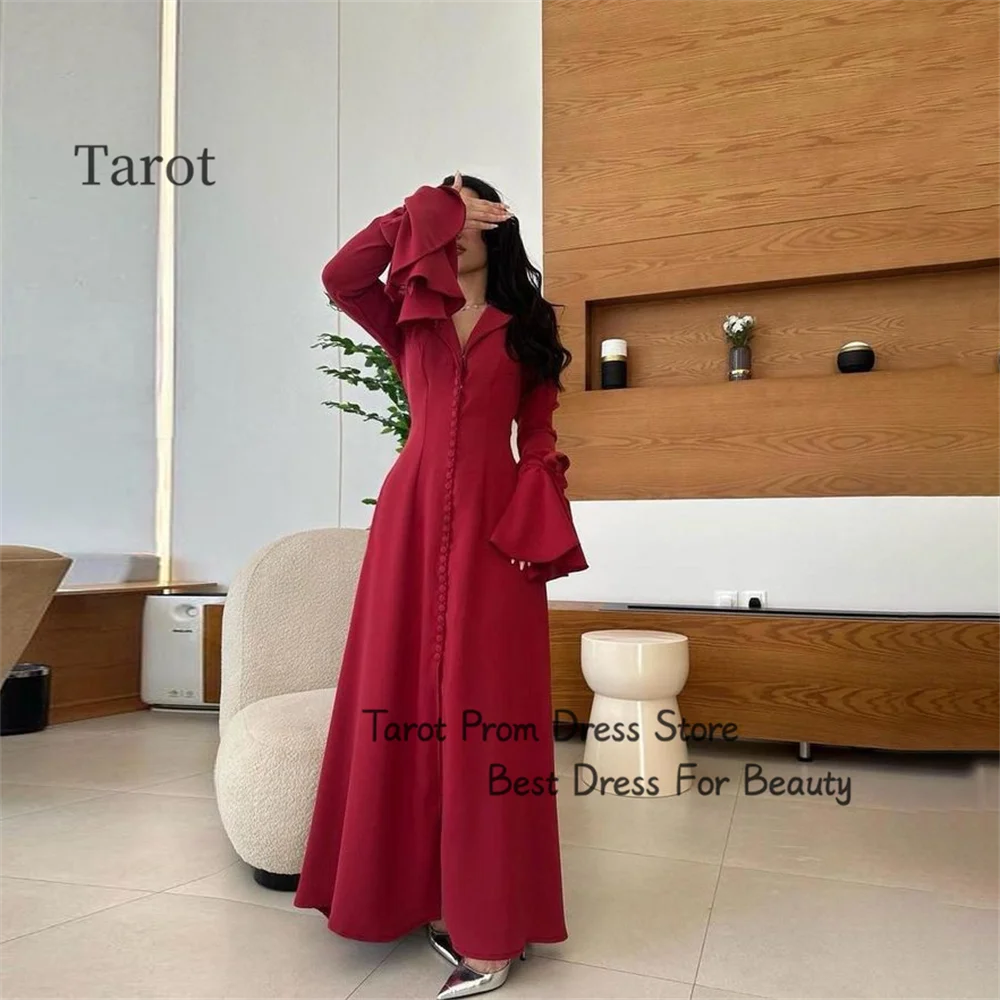 

Tarot Dubai Long Flared Sleeves Prom Dresses V Neck A Line With Buttons Formal Evening Dress Ankle Length فساتين حفلة موسيقية