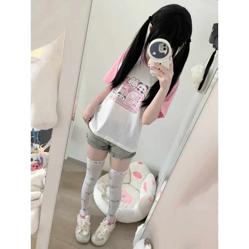 Pink Kawaii T Shirt Rabbit Bear Cartoon Print Cute Patchwork Short Sleeve Summer Top Japanese Harajuku Casual 2024 Women Tees