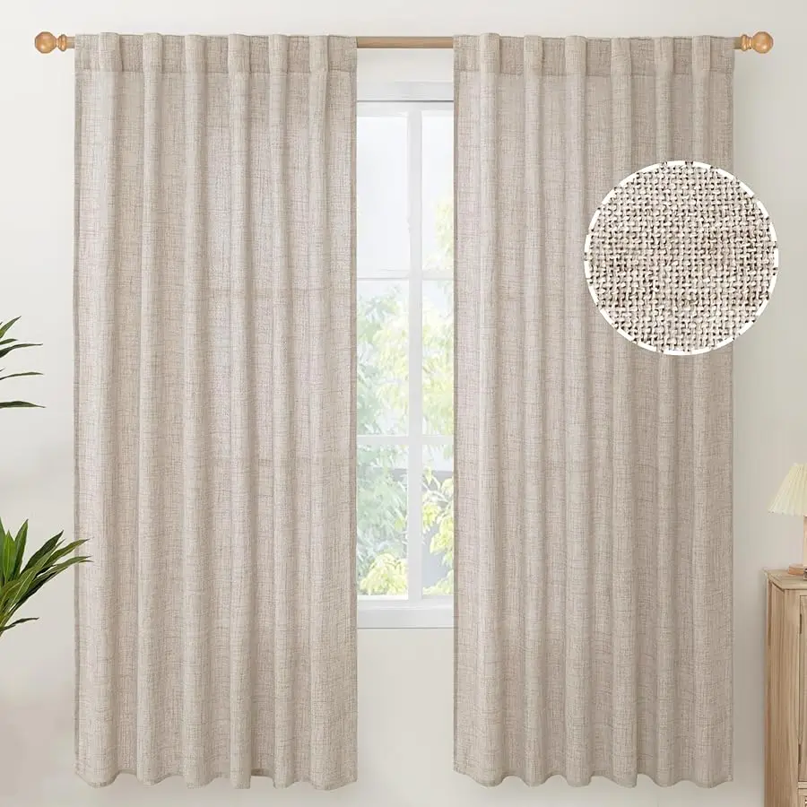 

Linen Semi Sheer Curtains 72 Inch Length 2 Panels for Li ing Room - Light Filtering Drapes with Rod Pocket Back Tab Rustic Beige