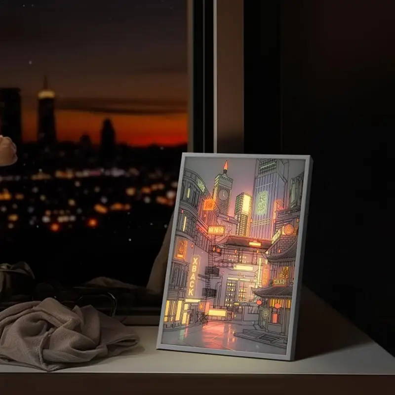 LED Light Painting USB Plug Dimming Wall Artwork Table Lamp Gift Anime Beautiful City Night View Light Painting Wall Art Home De