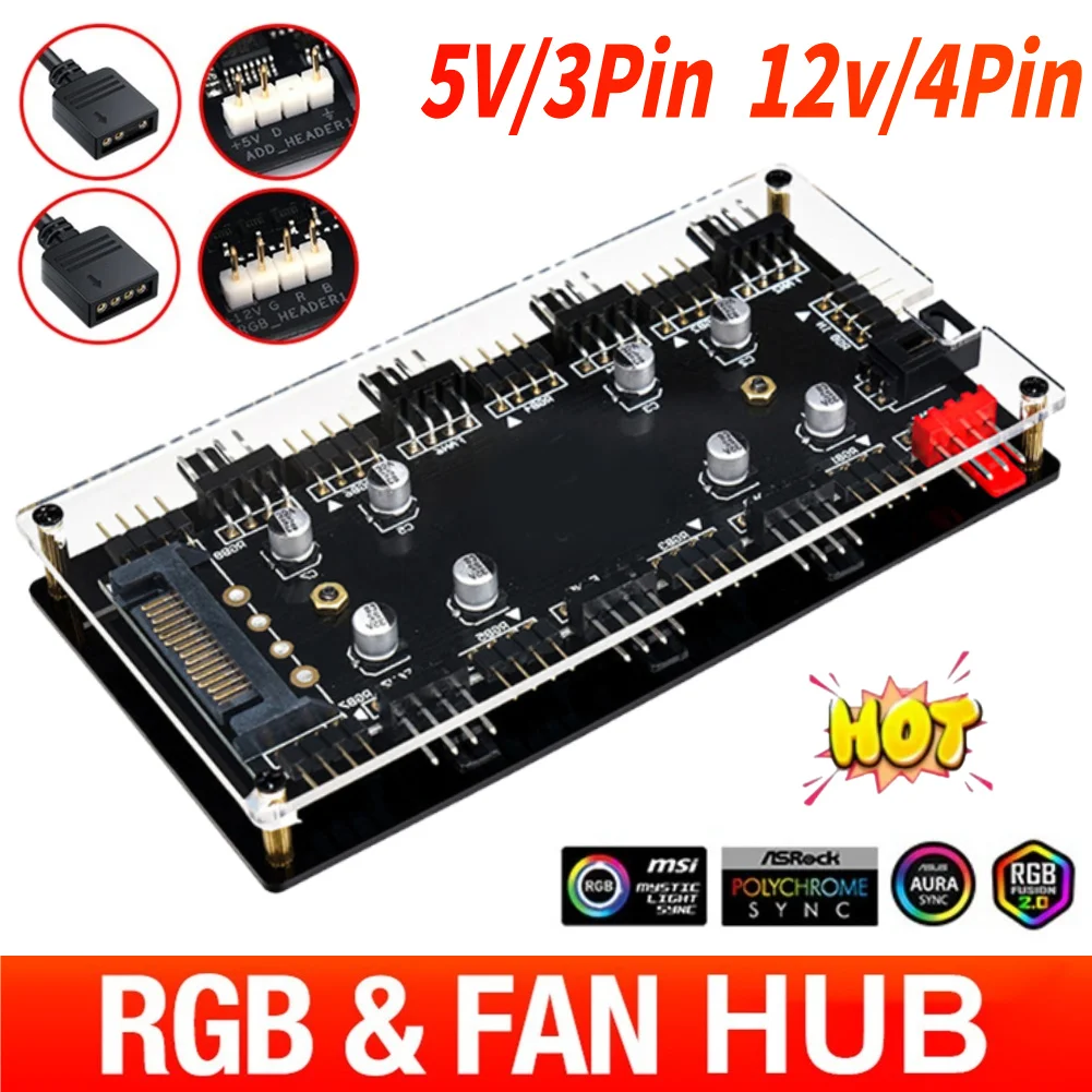 

12 В 4-контактный/5 В 3-контактный ARGB/RGB ШИМ-концентратор вентилятора 1–8 Многосторонний разветвитель SATA Источник питания ПК Адаптер контроллера скорости RGB Разветвитель полос
