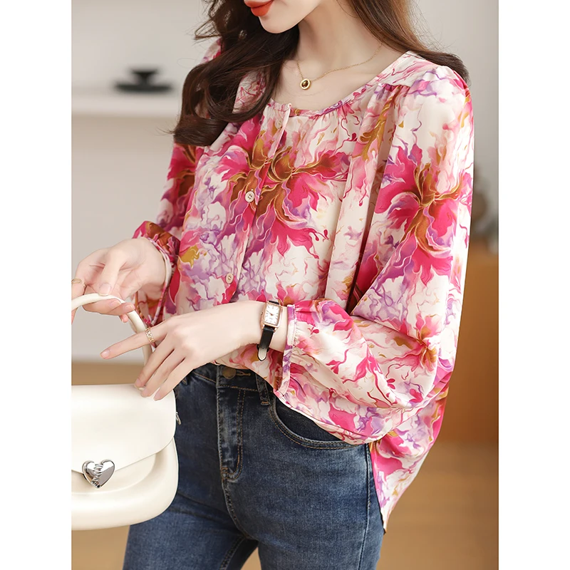 Women Summer Korean Loose Printing Chiffon Fashion Long Sleeve O-neck Shirts Women Clothes Casual All-match Appear Thin Tops