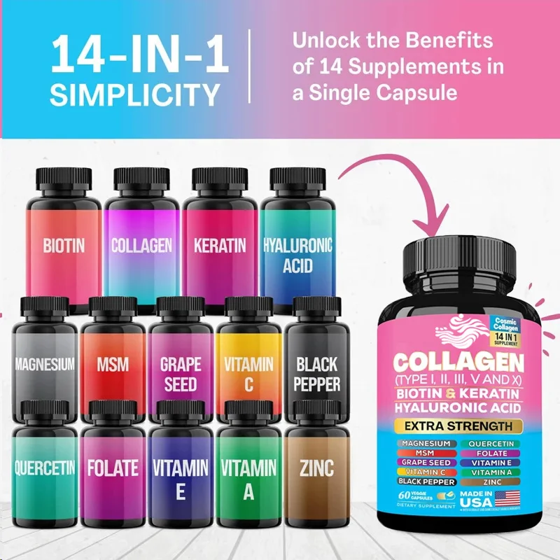 Cápsulas de colágeno tipo I, Ii, Iii, V y X vitamina A C E, carpeta de magnesio de zinc con extracto de semilla de uva, Quercetin (cápsulas)