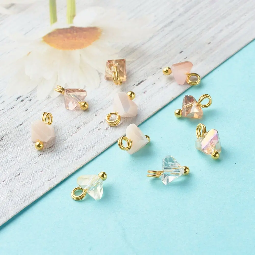 100 pc Electroplate Glass Charms with Brass Ball Head Pins Triangle White 8x6x4.5mm Hole: 1.8mm