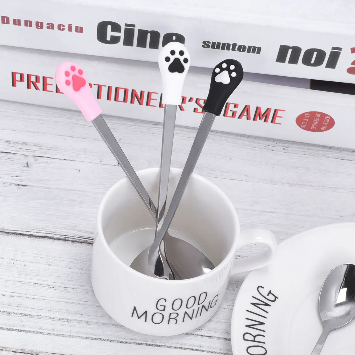 

6 Pcs Spoon Ice Cream Serving Spoons Coffee Printing Stainless Steel Claw Printed Sugar Silicone Head Bistro Cake
