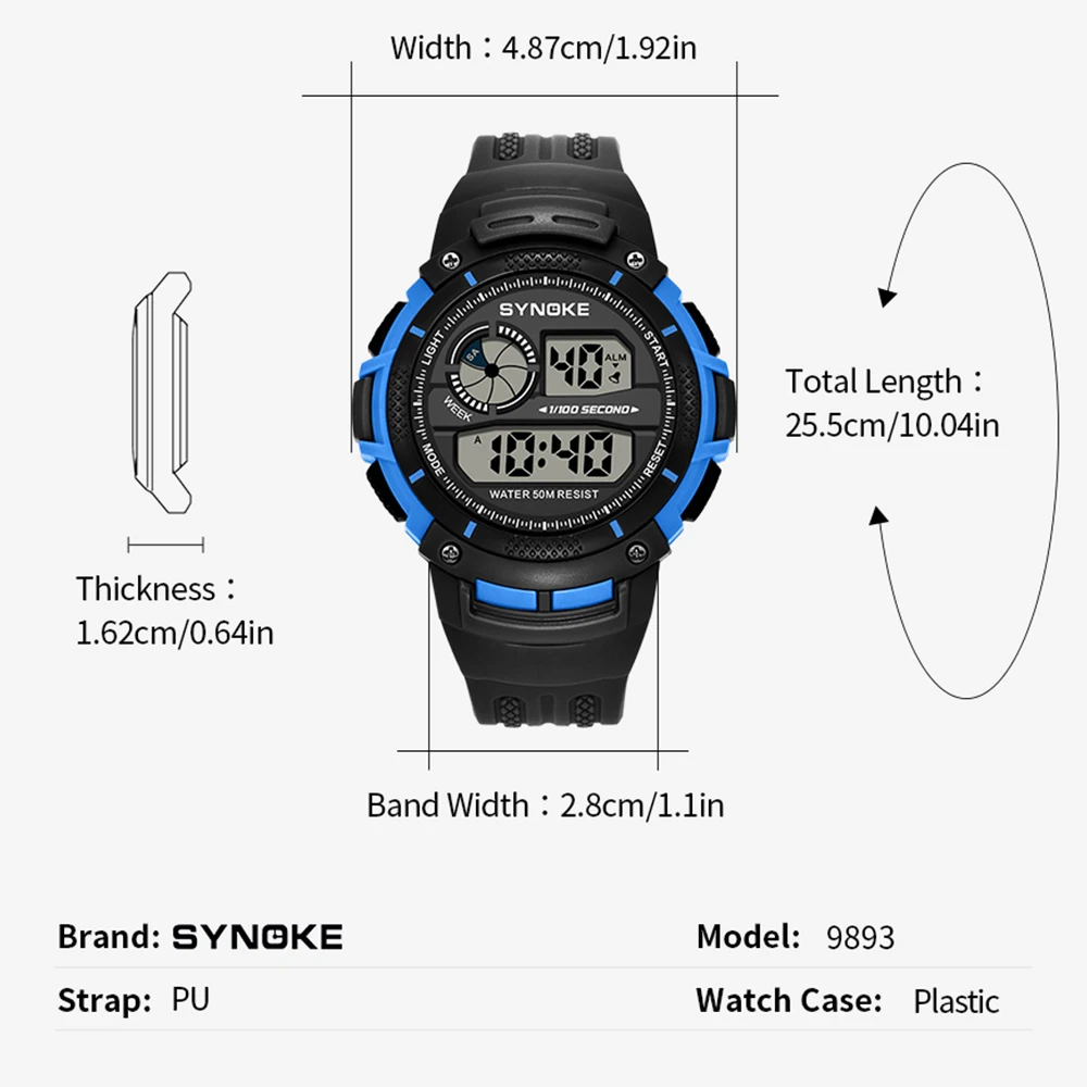 남성용 방수 디지털 손목시계, 스톱워치 알람 포함, 군용 스포츠 야외 시계, SYNOKE 브랜드