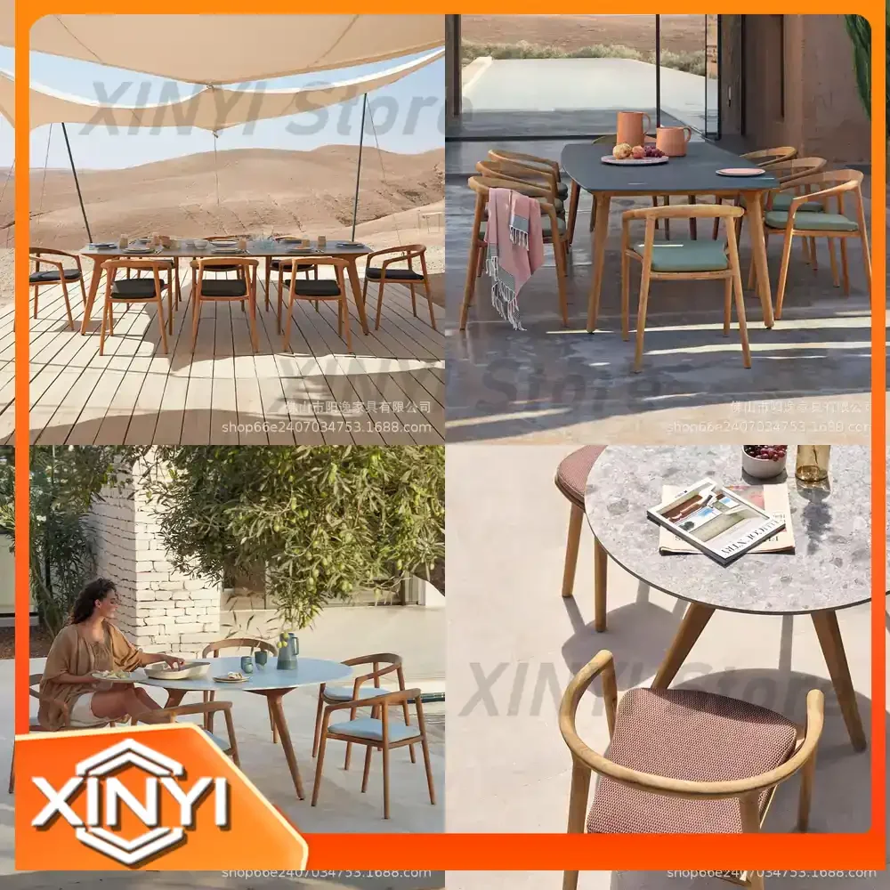 Outdoor Teak Table and Chair Set for Villa Hotel Garden Waterproof UV Resistant Rot Proof Solid Wood Patio Furniture
