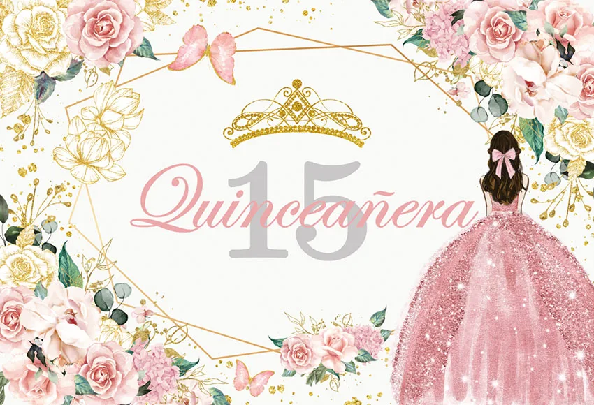 Quinceanera Sweet 15 16th Princess Birthday Party Photographic Backdrops Girl Dress Glitter Crown Floral Decor Photo Background