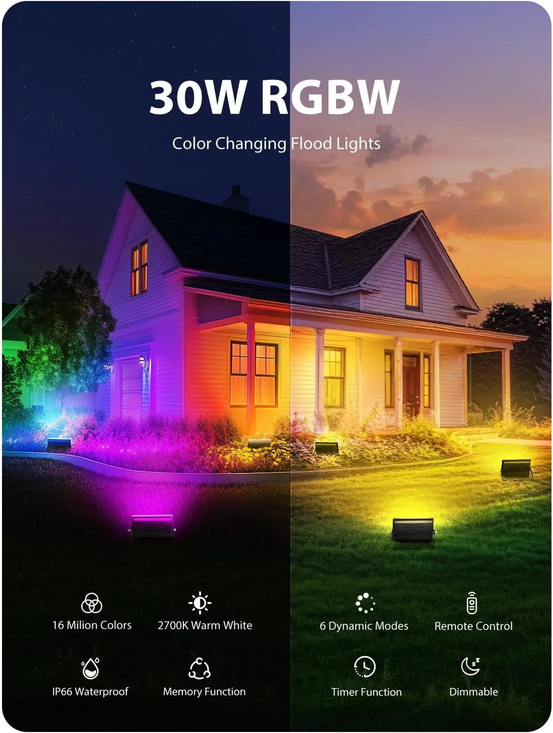 30W RGBW LED Flood Light, 2500LM Color Changing with Remote, IP66 Waterproof for Indoor/Outdoor Events