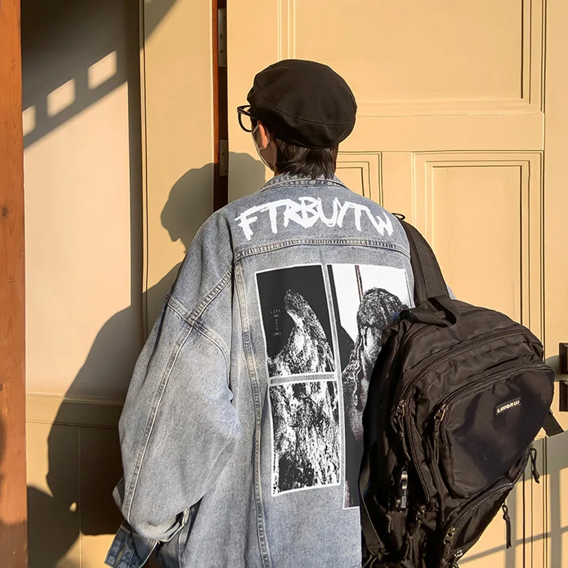 

Мужская джинсовая куртка в стиле ретро, повседневная, свободного кроя, с воротником, от американского модного бренда, в уличном стиле, осенняя, для отдыха, из денима.