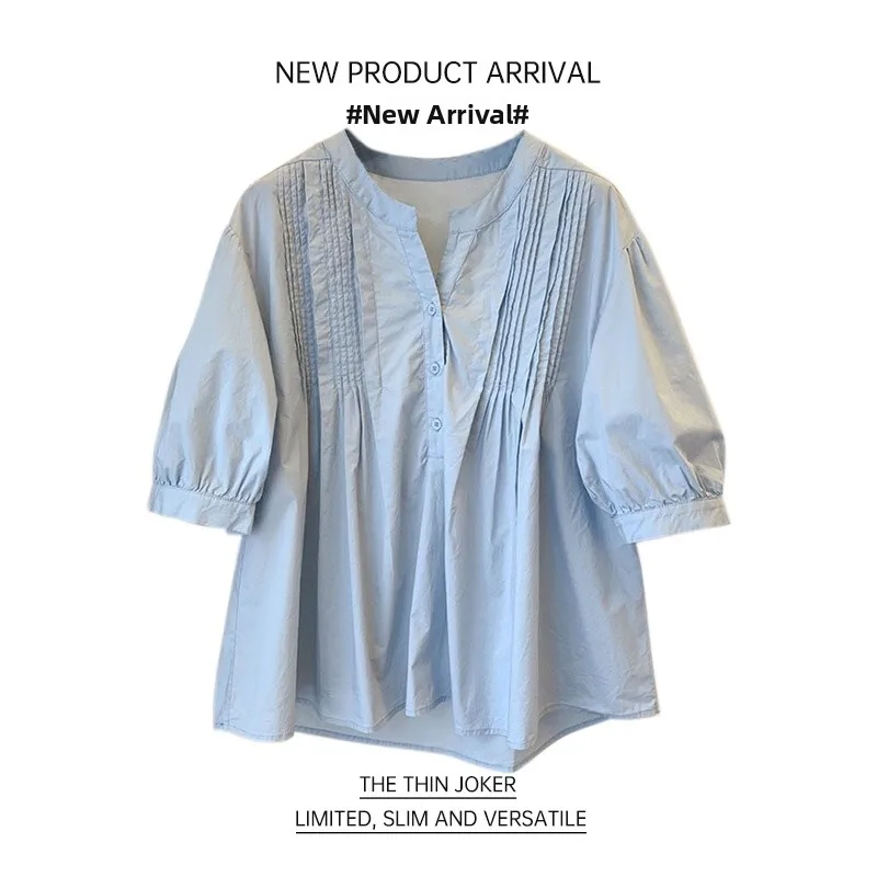 

Chic ort Sve irt Women's Loose Youthful Faion Pleated Doll Top Button Sle Straight Cut V-Ne Regular Length