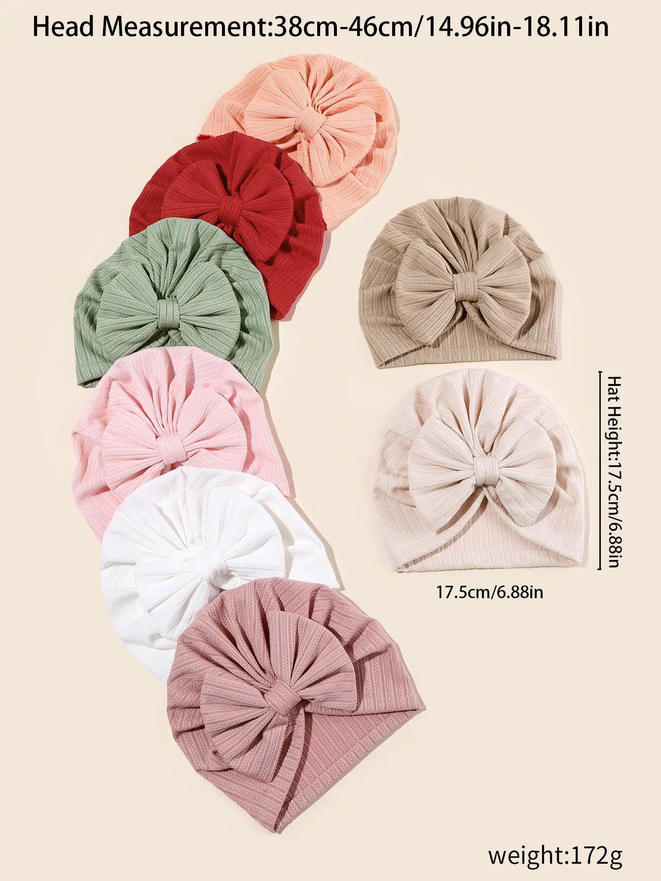 8Pcs Set Baby Girls\' Monochromatic Knotted Beanie, Large Bow Turban, Infant Beanies, Outdoor Bonnet, H472