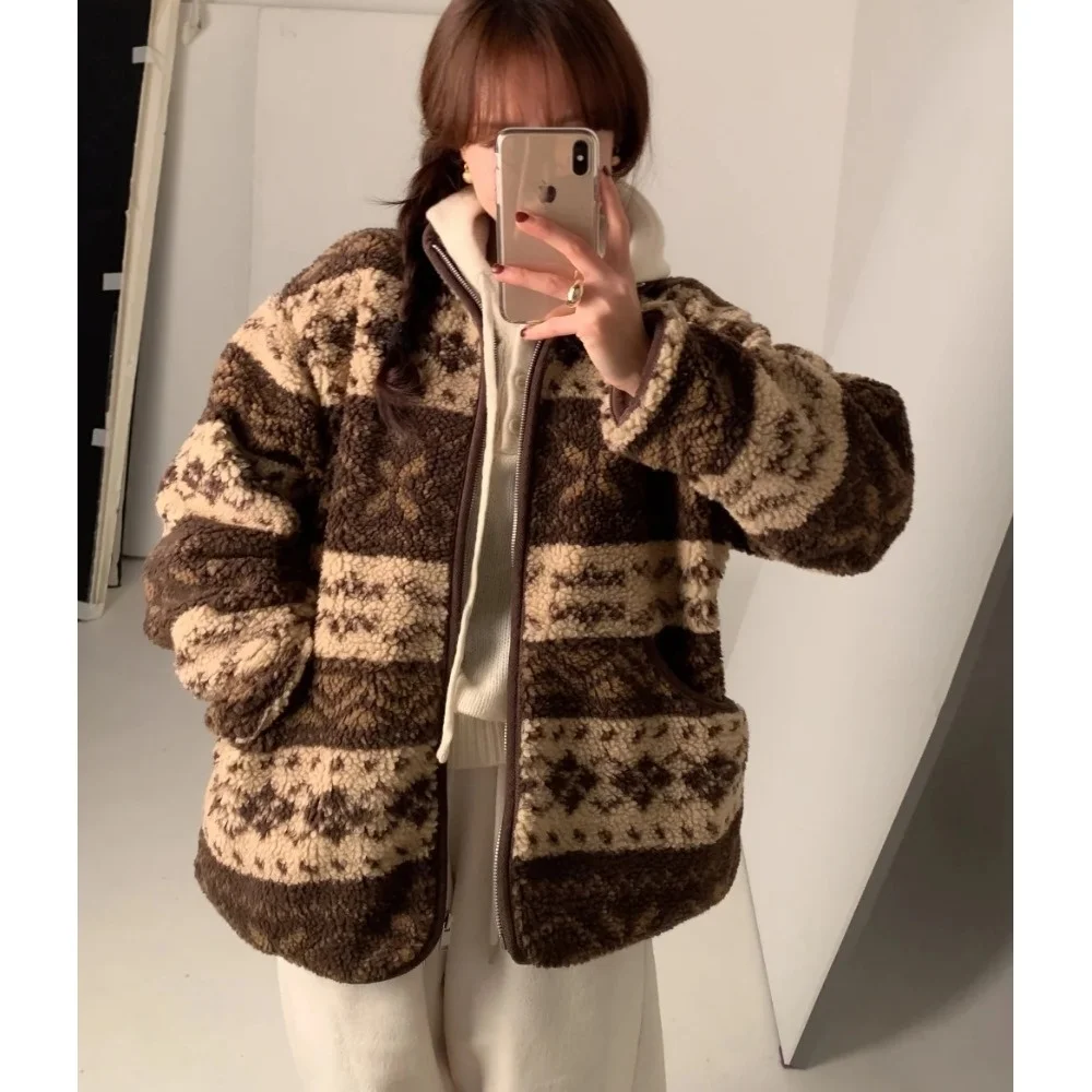 

Women's Chic Fce Jaet Warm Thi Fair Isle Pattern Autumn Winter Soft Cozy Two-Tone Fce Top Korean Sle Commute Wear