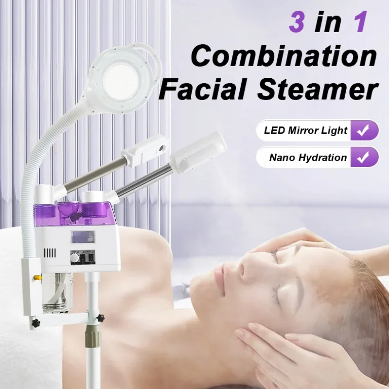 

3-in-1 Nano Ionic Facial Steamer Hot/Cold Steam with LED Magnifying Lamp for Salon/Spa Skin Care Beauty Treatment