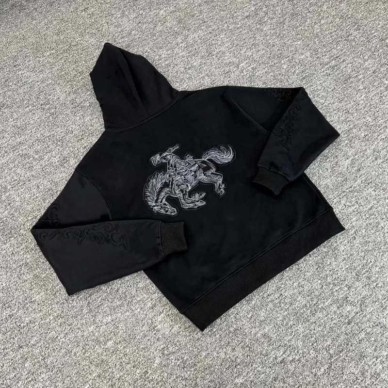 سترة صوفية بغطاء للرأس سوداء من القطن الخالص من Derschutze مطرزة بسحاب غربي كاجوال