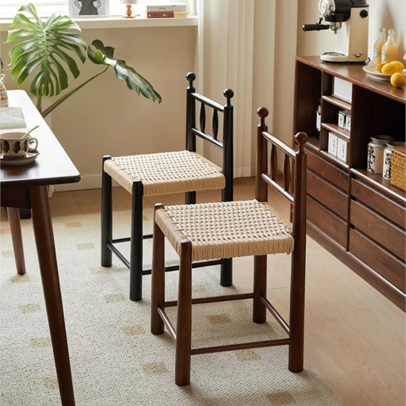 

MOMO French Retro Designer Dining Chairs Chinese Rope Woven Back Chairs Vintage B&B Solid Wood Chairs Antique Dining Chairs