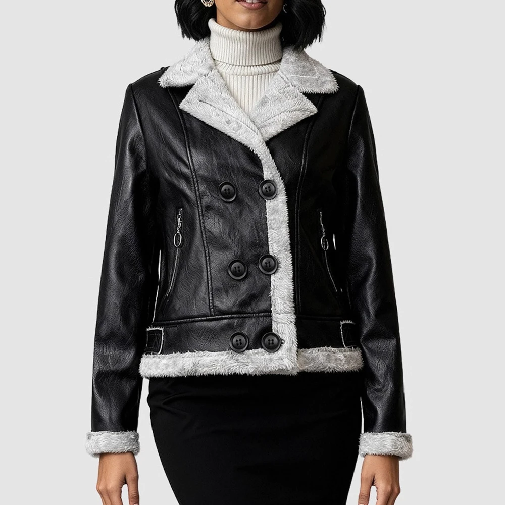نمط سميك مبطن بالصوف سترة جلدية PU المرأة أزياء الوقوف طوق التخصيص الدولي معطف المرأة