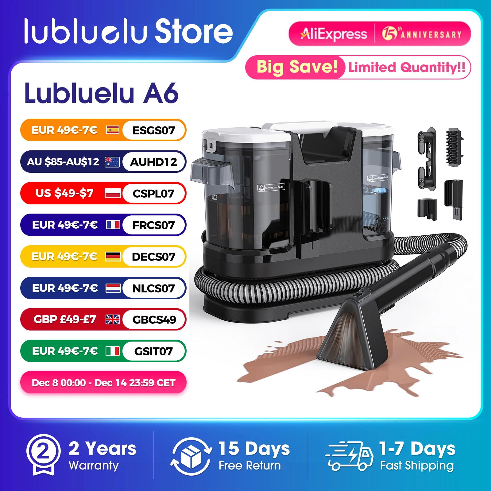 Lubluelu A6 nettoyeur de tapis 600W 15kPa nettoyage en profondeur urine pour animaux de compagnie du canapé tapis 5M cordon sans changement de sortie grand réservoir XL 1,75L