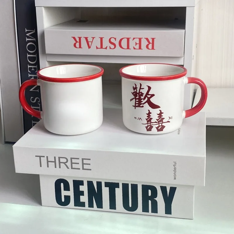 

Mug Wedding Water Cup Happy Word Cup Retro Red Ceramic Cup Couple High Value Wedding Gift