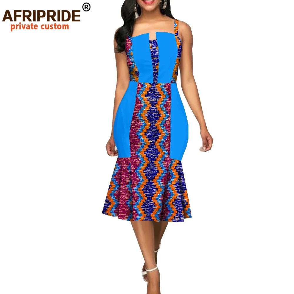2026 African Summer Women Casual Trumpet Dress AFRIPRIDE Sleeveless Spaghetti Strap Knee-length Women Wax Cotton Dress A1825056