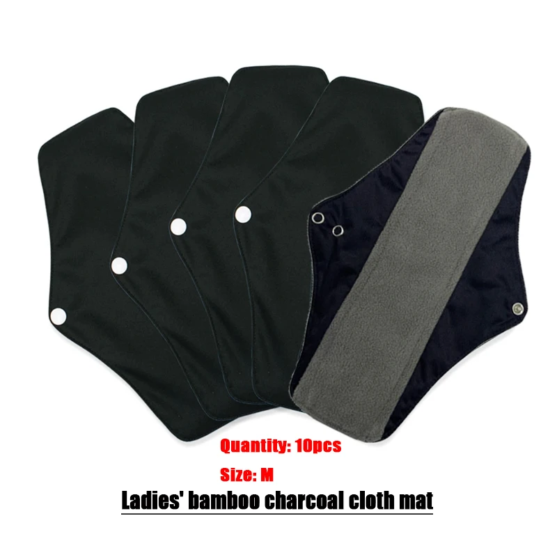 Juego de 10 Uds de toallas menstruales reutilizables para mujer, servilletas sanitarias de carbón de bambú lavables de flujo pesado, almohadilla de tela ecológica para el período