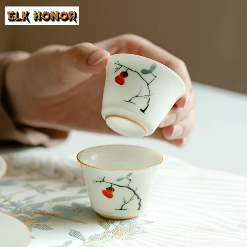 2pc/lot Pure Hand-painted Persimmon Teacup Tea Bowl Tea Pair Tea-tasting Fragrance Cup Jianzhan Master Cups Tea Services 35ML