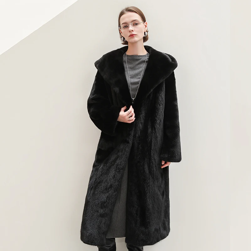 Ftangaiur 겨울 수입 벨벳 밍크 퍼 코트 보르가라메 블랙 퍼 후드 밍크 코트 여성용 중간 사이즈 천연 리얼 밍크 퍼 코트