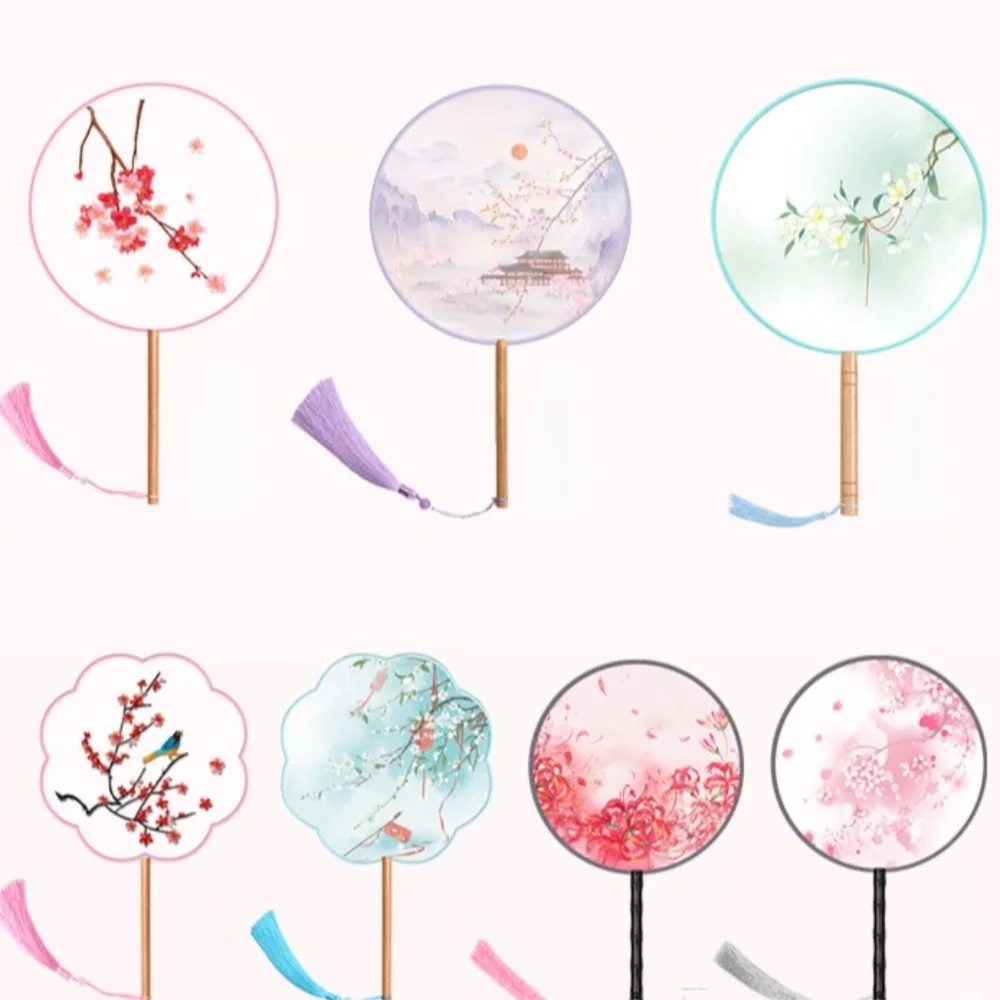 Silk Material Chinese Round Hand Fan Long Handle Embroidery Design Vintage Printing Silk Fan Ink Painting Round Shape