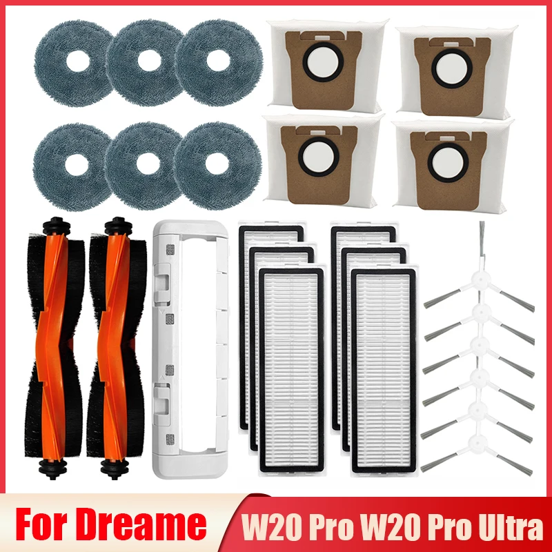 ถุงเก็บฝุ่นอุปกรณ์เสริมตัวกรอง HEPA สำหรับ dreame W20 Pro W20ที่ชิ้นส่วนเครื่องดูดฝุ่นหุ่นยนต์เป็นพิเศษฝาครอบแปรงลูกกลิ้งด้านข้างผ้าม็อบ