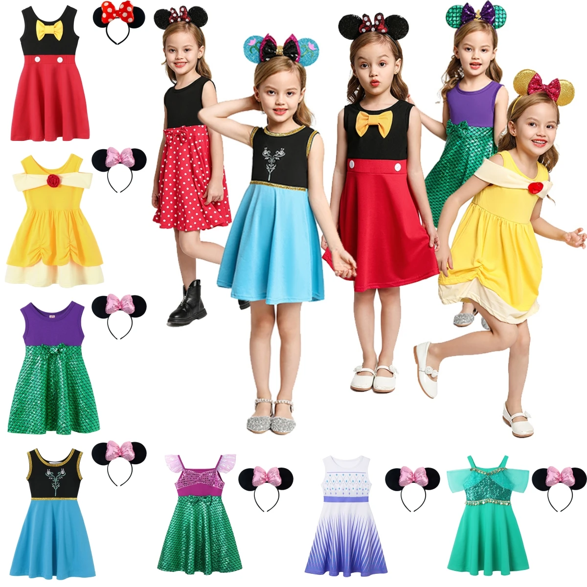 

Disney Summer Casual Dress Elsa Anna Princess Dress Baby Girls Mermaid Moana Clothes Belle Mickey Costume Birthday Party Clothes