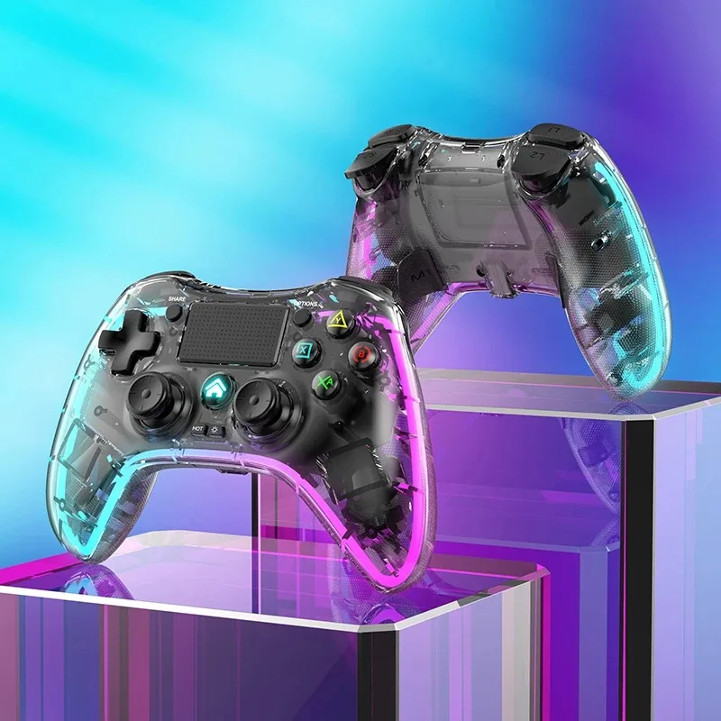 for P4/P5 Bluetooth Wireless Gamepad Transparent with LED Lights, Six Axis Dual Vibration Gamepad