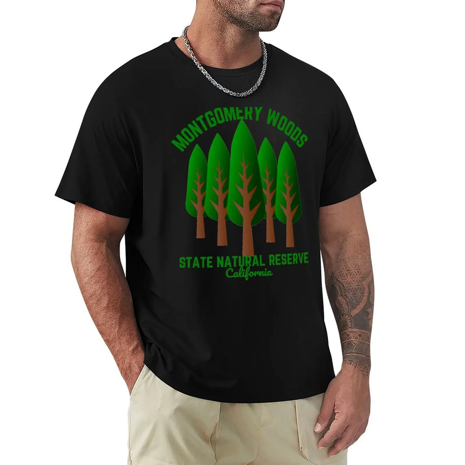 Montgomery Woods State Natural Reserve, Ukiah California, Light Green Text- Hiking / Outdoors T-Shirt