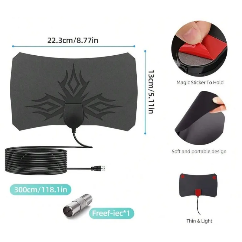 ​ ​ Antena TV HD 4K High Gain - Booster Aktif Indoor dengan Desain Datar dan Penguat Sinyal, Colokan EU ​ ​