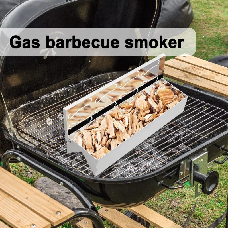 Caja ahumadora para parrilla, caja ahumadora para barbacoa al aire libre, accesorios para asar de acero inoxidable con tapa de bisagra práctica, ahumador de barbacoa de Gas