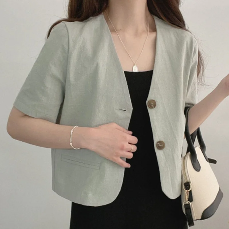 Korean Fashion V-neck Cotton and Linen Casual Short Sleeve Two Button Suit Jacket Women's Summer New Full Set Cardigan Top