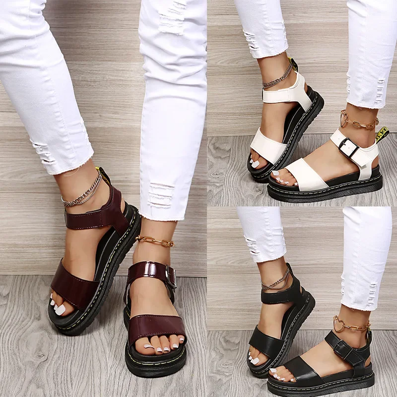 Ankle Strap Women Female Lady PU Sandals Sandals Thick-soled Soft Buckle Korean Solid Color Summer Beach Sandalias Mujer Size43