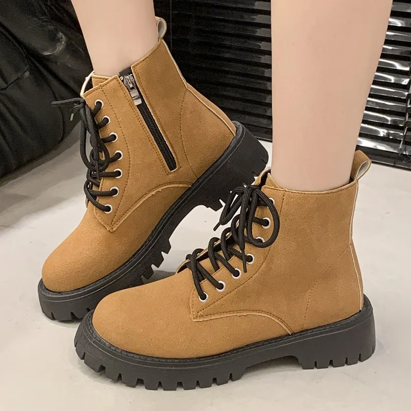Hot Sale Women 4.5cm Chunky Sole Combat Boots Round Toe Lace Up Ankle Booties Pull Tab Versatile Outdoor Winter Casual Shoes