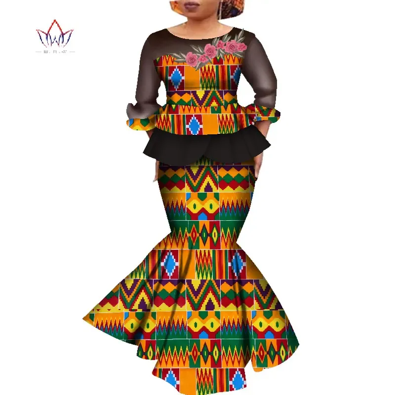 African Dashiki Print Dress Crop Tops&Skirt Set Party Wedding Long Sleeve Dress African Women Clothing Long Skirt Set WY4575