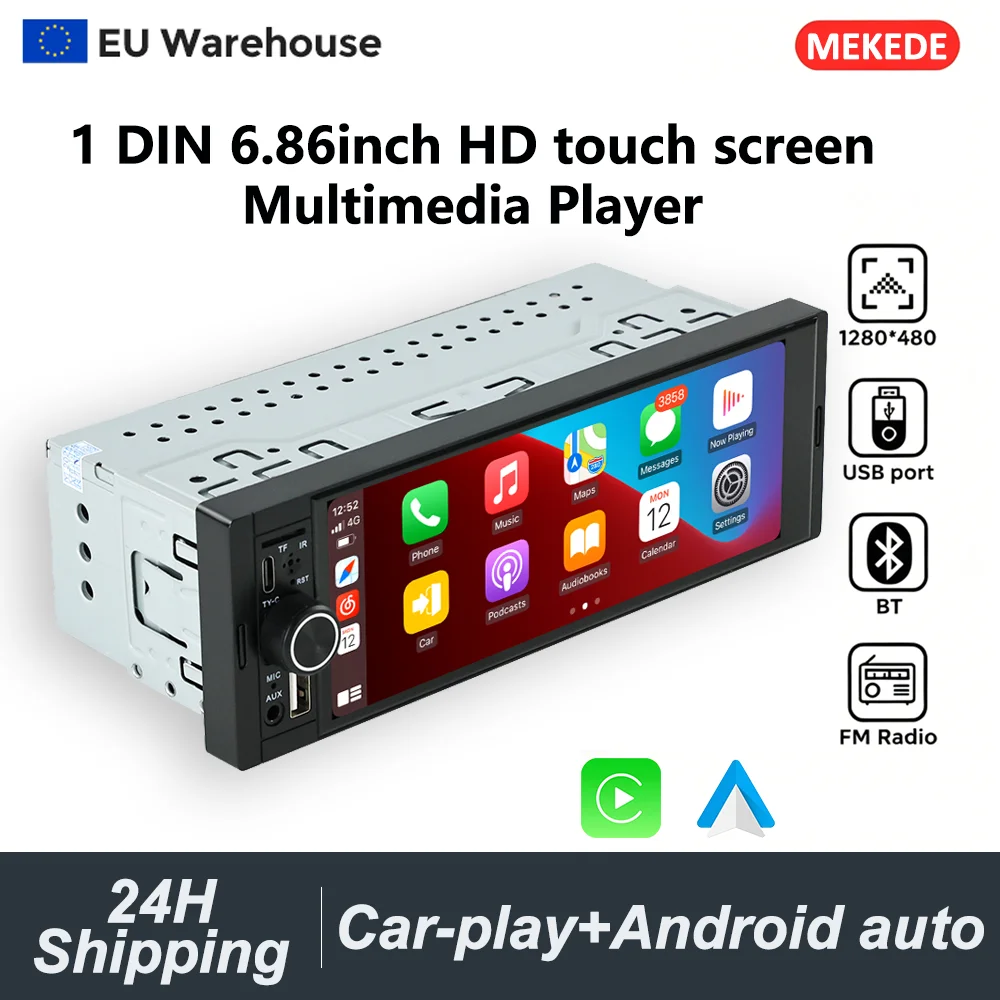 MEKEDE EU Warehouse 1 Din Écran tactile HD sans fil Carplay Android Auto pour Volkswagen Hyundai Lada Toyota Nissan Ford Universel 6,86 pouces Autoradio à bouton unique FM Stéréo Lecteur multimédia MP5 BT Port TF Caméra