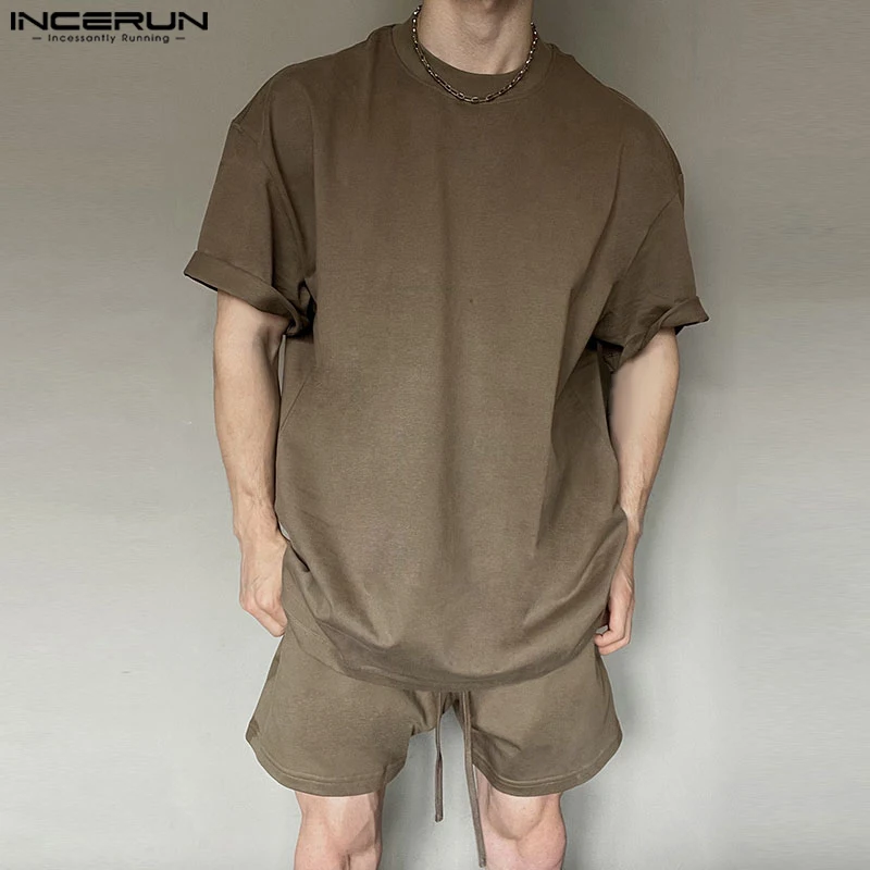 INCERUN 2024 Korean Style Sets Handsome Mens Solid O-neck Short Sleeved Tops Shorts Leisure Streetwear Male Two-piece Sets S-5XL